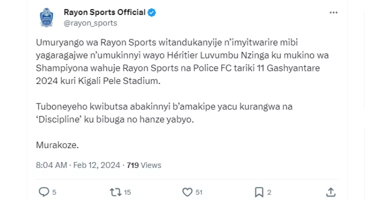 Rayon Sports yitandukanyije n’imyitwarire ya Rutahizamu wayo Hertier Luvumbu Nzinga